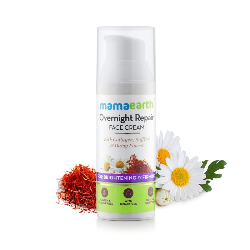 MamaEarth Overnight Repair Night Cream With Collagen, Saffron & Daisy Flower, 50g For Brightening & Firming MamaEarth Overnight Repair Night Cream With Collagen, Saffron & Daisy Flower, 50g For Brightening & Firming